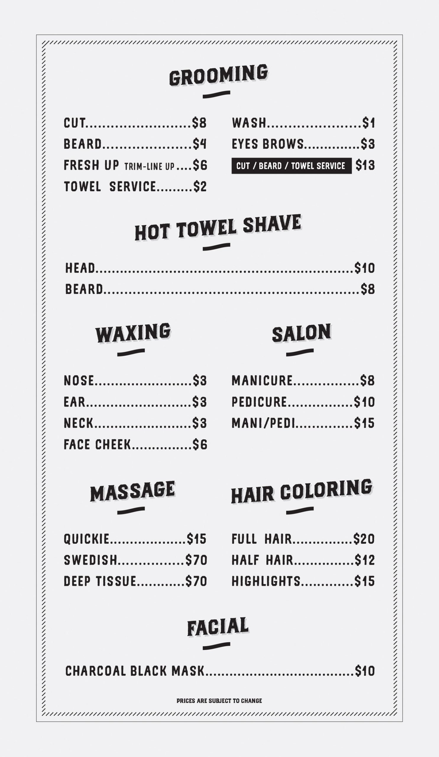 Fresh Up Barber Shop Price List